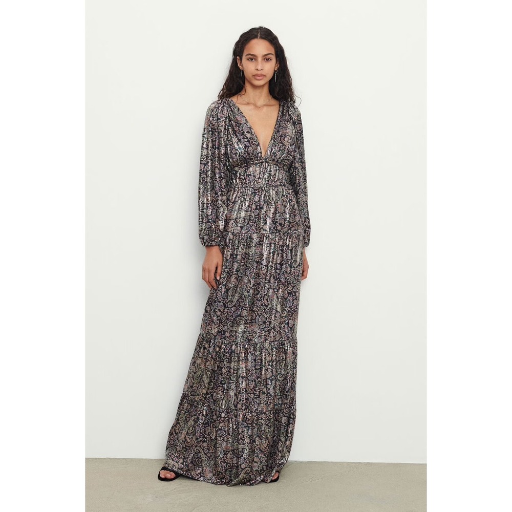 ba&sh Glady Maxi Dress Lg Black Paisley Metallic Shimmer Tiered Gown‎ Glam Chic
